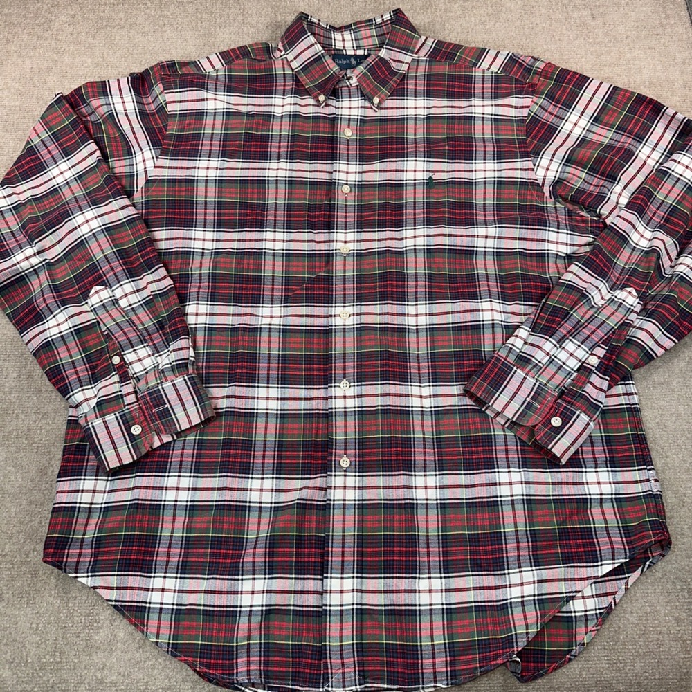 Ralph Lauren Mens XL Classic Fit Plaid Button Down Shirt Red Green White Pony